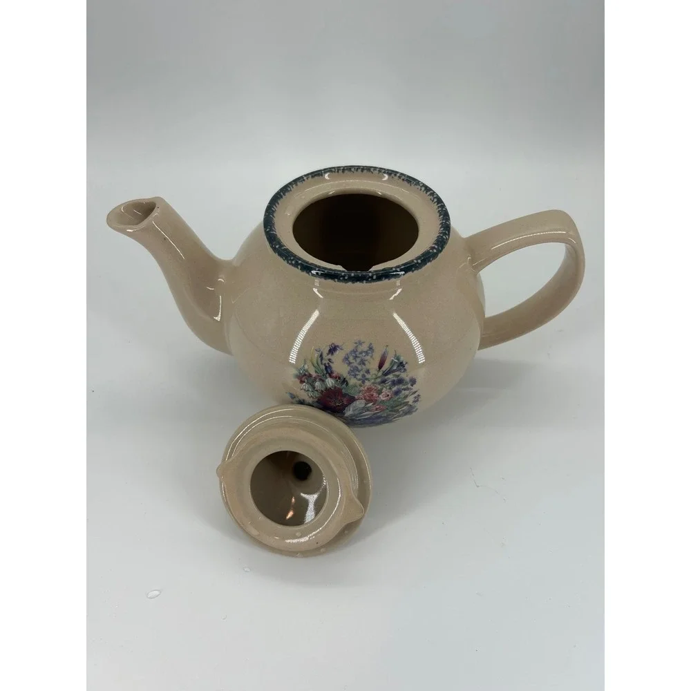 Home & Garden Party Ltd 2002 Floral Teapot Beige Stoneware Cottagecore